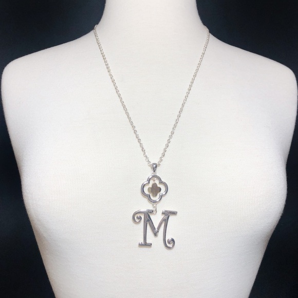Initial M Monogram Letter Quatrefoil Silver & Gold Tone Long Necklace - Picture 1 of 2